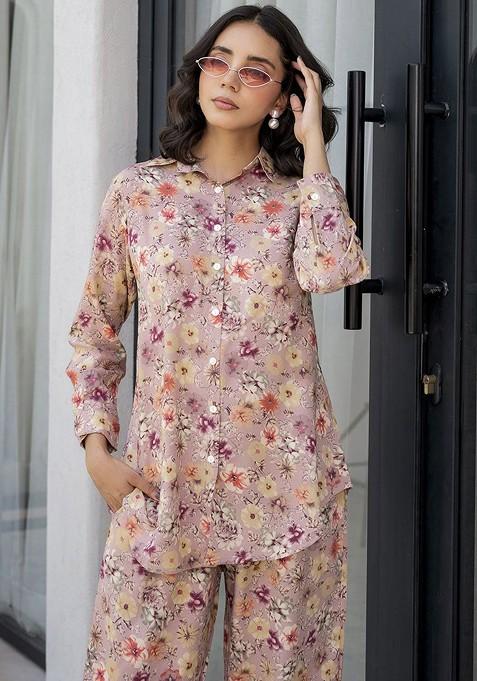 Beige Printed Long Sleeve Shirt And Trouser Coords