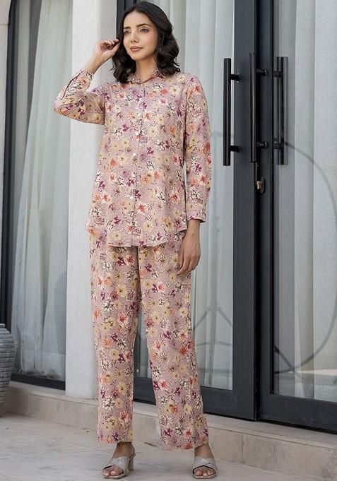 Beige Printed Long Sleeve Shirt And Trouser Coords