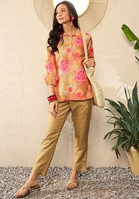 Green Floral Printed Shirt Collar Threequarter Sleeves Top With Trouser