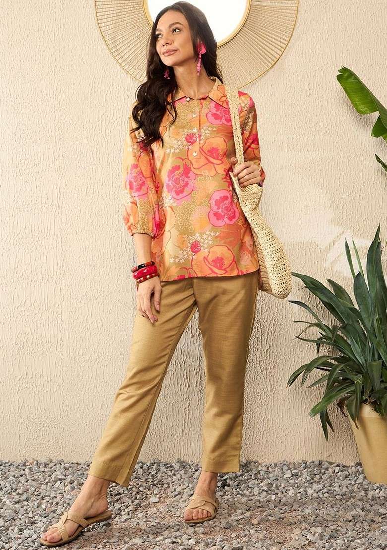 Green Floral Printed Shirt Collar Threequarter Sleeves Top With Trouser - Indya