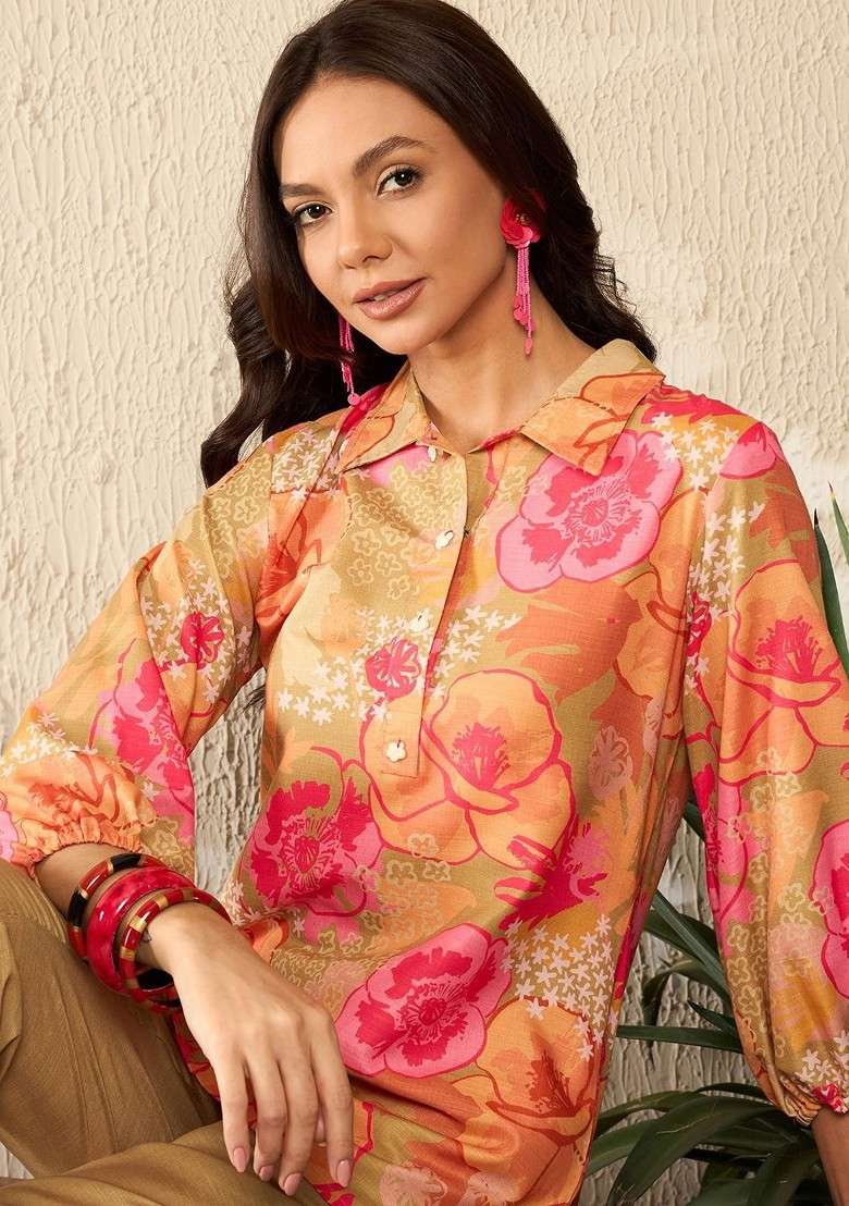 Green Floral Printed Shirt Collar Threequarter Sleeves Top With Trouser - Indya