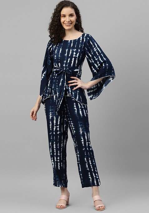 Navy Blue Tie And Dye Top With Trouser