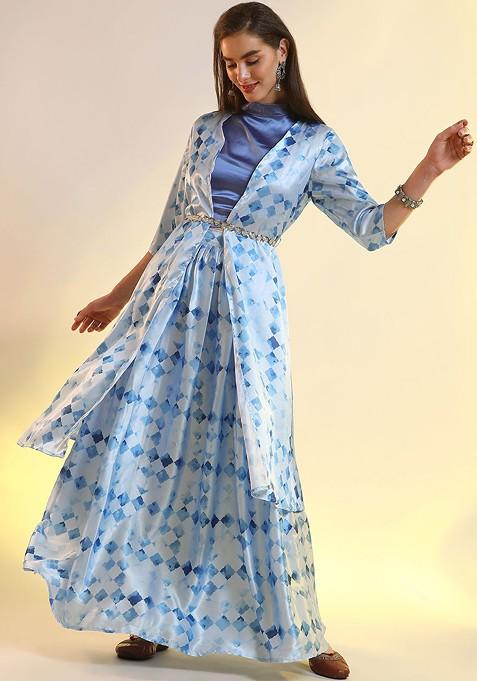 Blue Geometric Printed Top And Maxi Skirts With Shurg