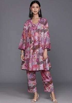 Pink Pink And Brown Abstract Printed Aline Tunic With Palazzos