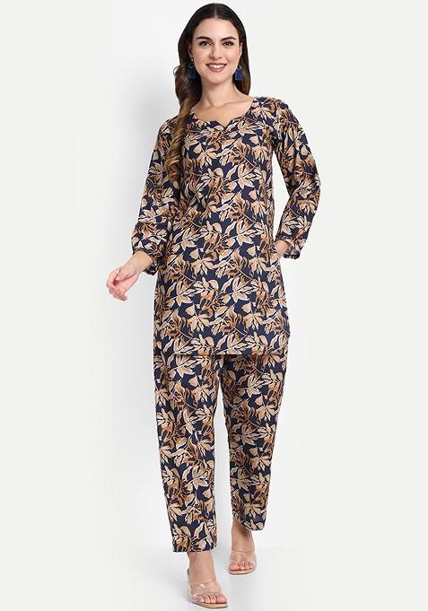 Brown Floral Printed Round Neck Threequarter Sleeves Pure Cotton Top With Trouser