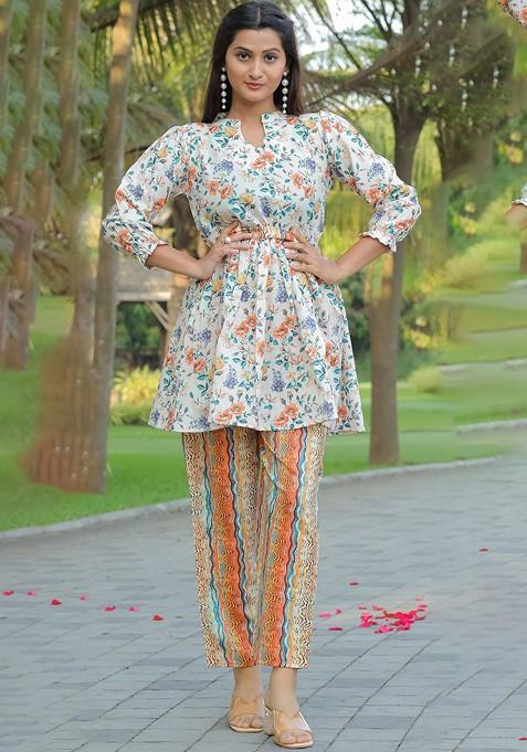White Floral Printed Tunic With Trousers