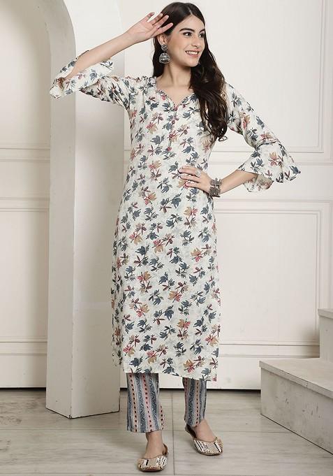 Cream Floral Printed Sweetheart Neck Tunic With Trouser