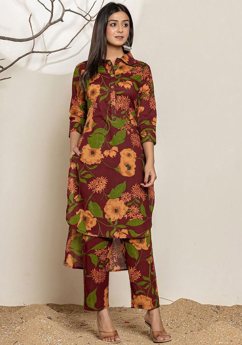 Maroon Printed Pure Cotton Collar Neck Kurta With Palazzos Coords - Indya