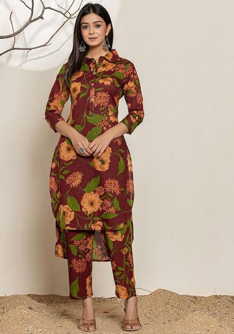 Maroon Printed Pure Cotton Collar Neck Kurta With Palazzos Coords