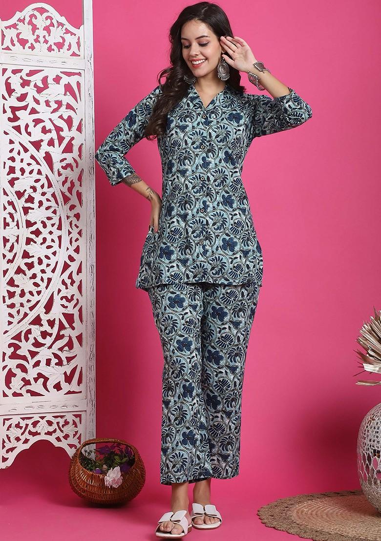 Blue Printed Pure Cotton Shirt With Trousers Coords - Indya