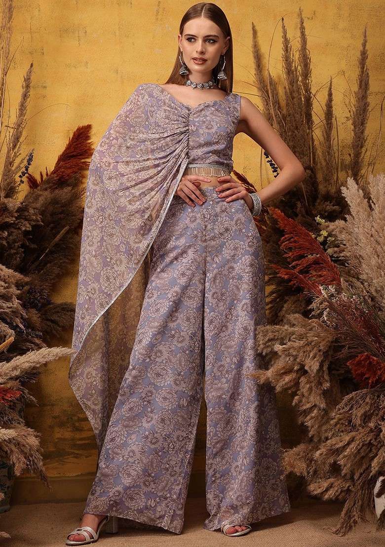 Lavender Floral Printed Sweetheart Neck Top With Palazzo - Indya