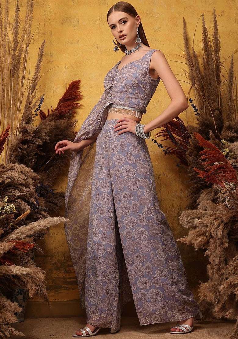Lavender Floral Printed Sweetheart Neck Top With Palazzo - Indya