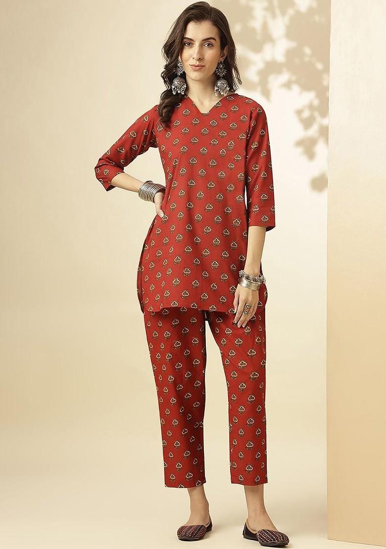 Red Ethnic Motifs Printed Vneck Threequarter Sleeves Pure Cotton Tunic And Trousers