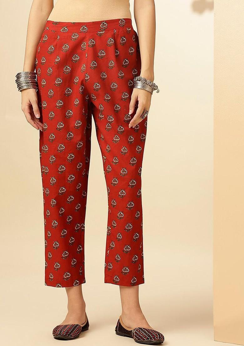 Red Ethnic Motifs Printed Vneck Threequarter Sleeves Pure Cotton Tunic And Trousers