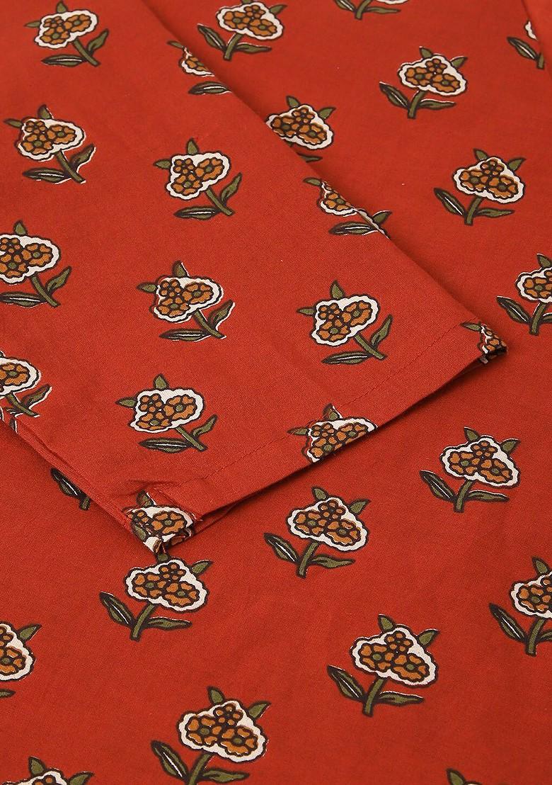 Red Ethnic Motifs Printed Vneck Threequarter Sleeves Pure Cotton Tunic And Trousers