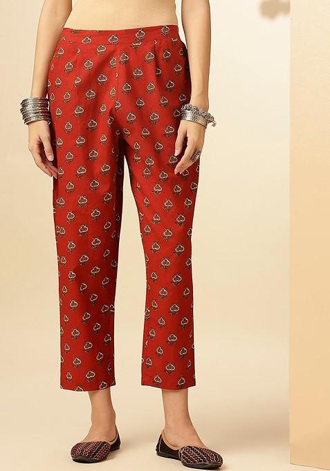 Red Ethnic Motifs Printed Vneck Threequarter Sleeves Pure Cotton Tunic And Trousers