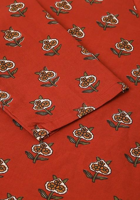 Red Ethnic Motifs Printed Vneck Threequarter Sleeves Pure Cotton Tunic And Trousers