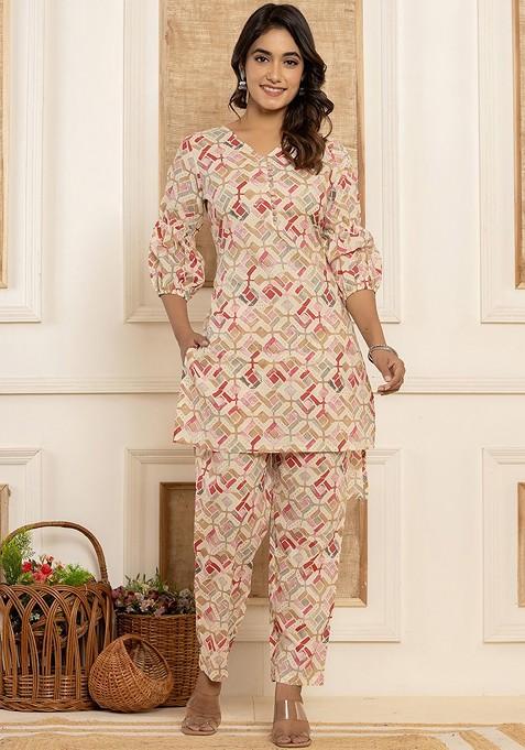 Cream Printed Pure Cotton Vneck Tunic With Trouser Coords