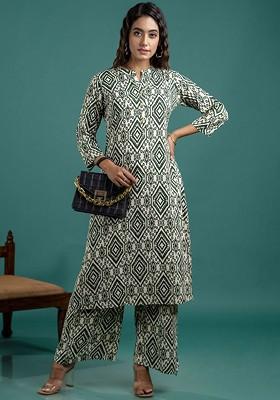 Green Floral Printed Pure Cotton Mandarin Collar Tunic And Palazzos