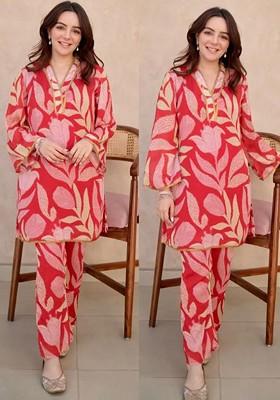 Red Floral Printed V Neck Top With Trousers