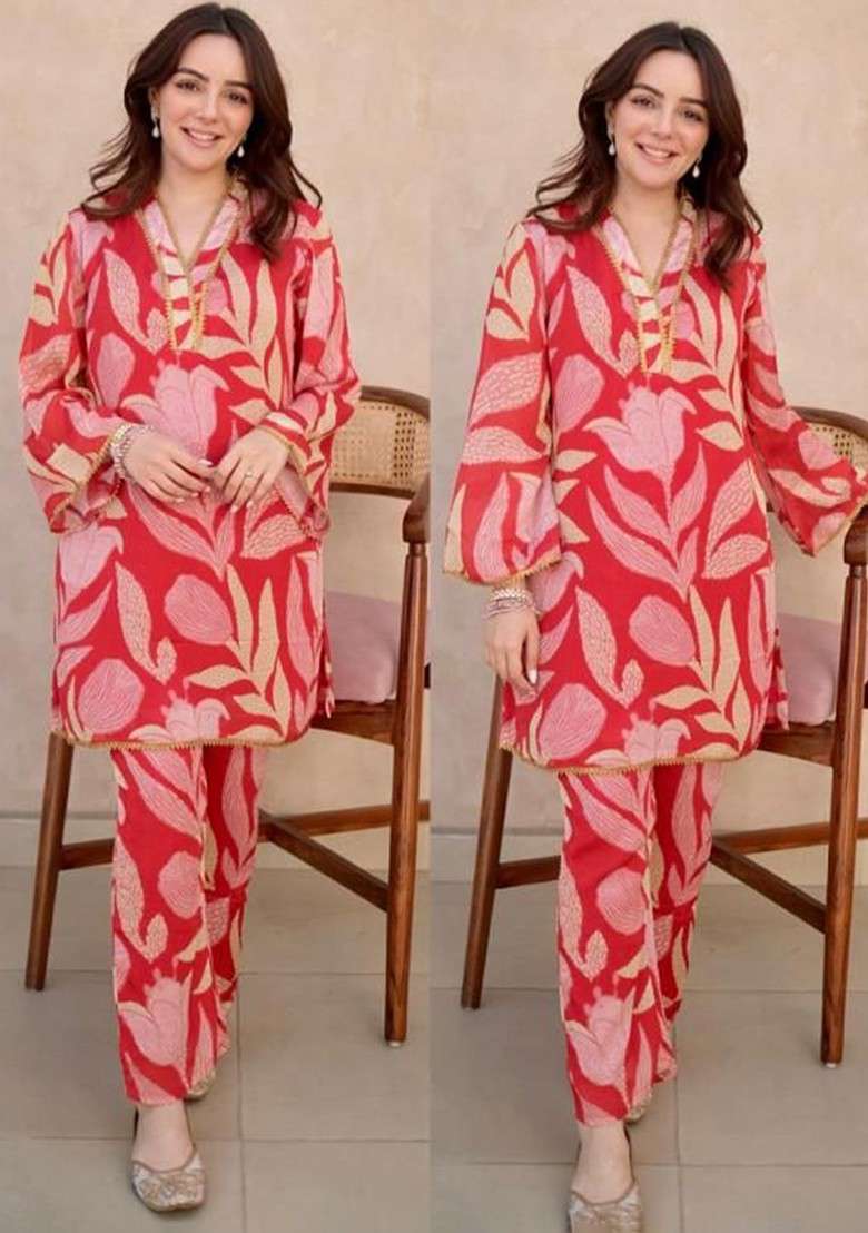 Red Floral Printed V Neck Top With Trousers - Indya