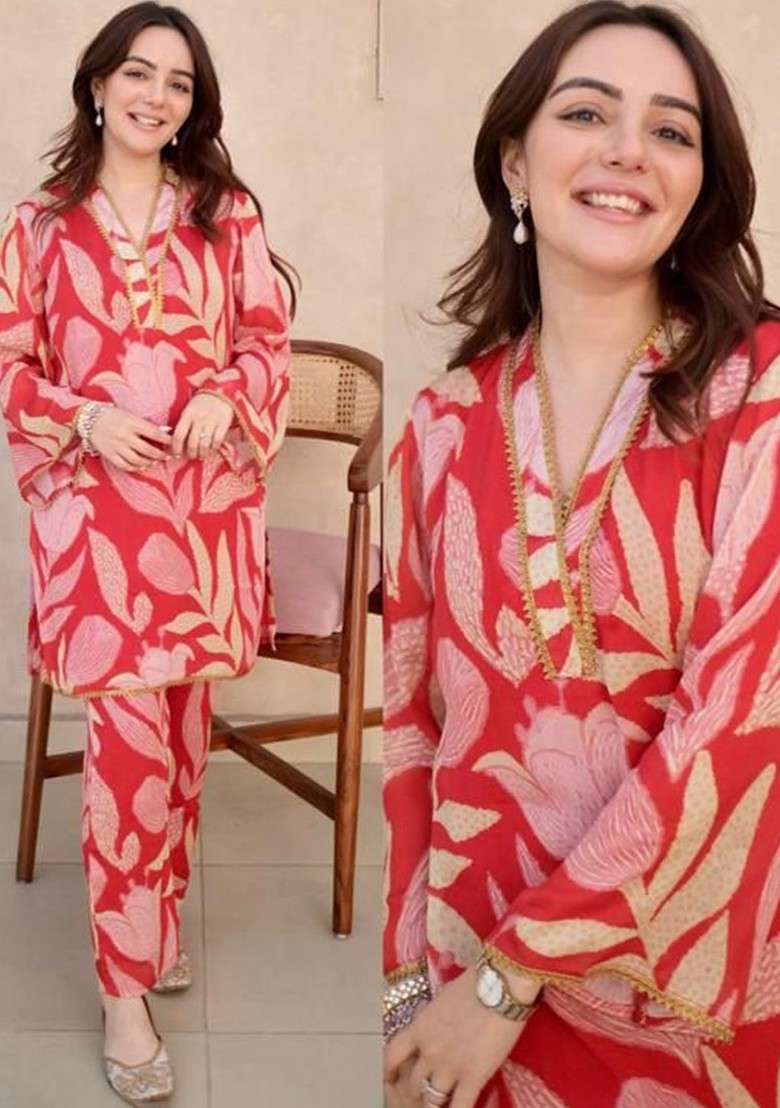 Red Floral Printed V Neck Top With Trousers - Indya