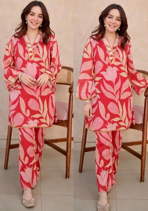 Red Floral Printed V Neck Top With Trousers