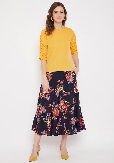 Yellow Women Yellow And Navy Blue Top With Skirt