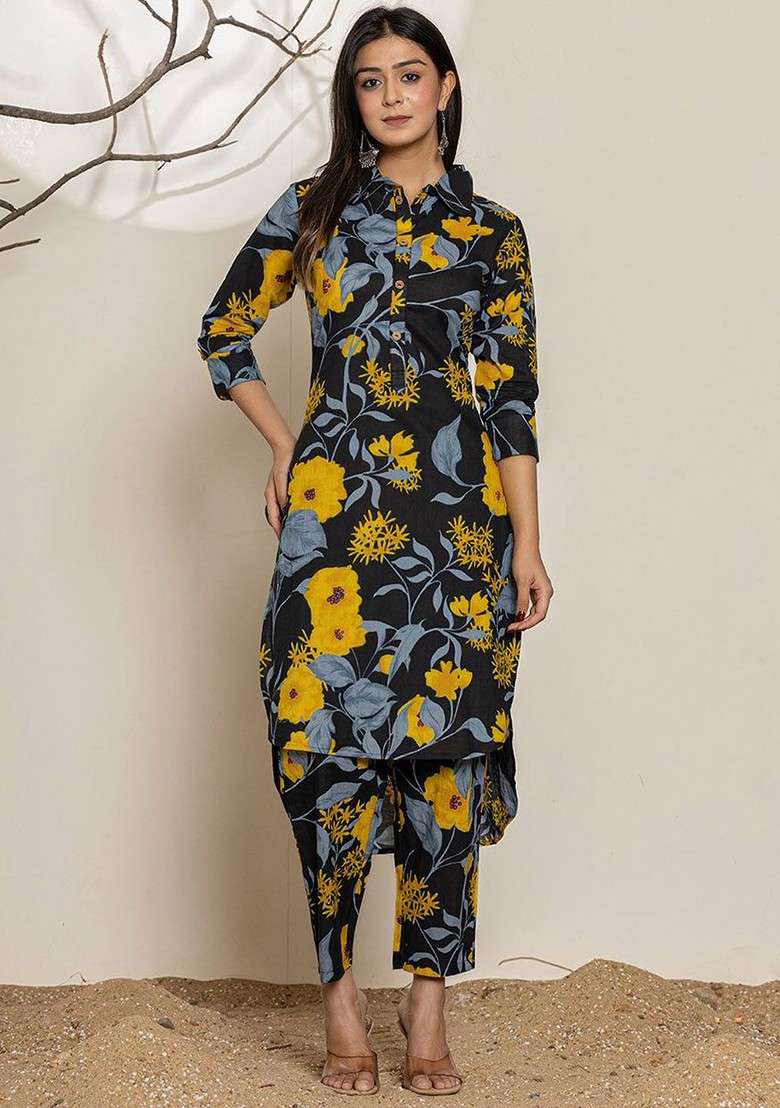 Black Printed Pure Cotton Shirt Collar Top With Trousers Coords - Indya
