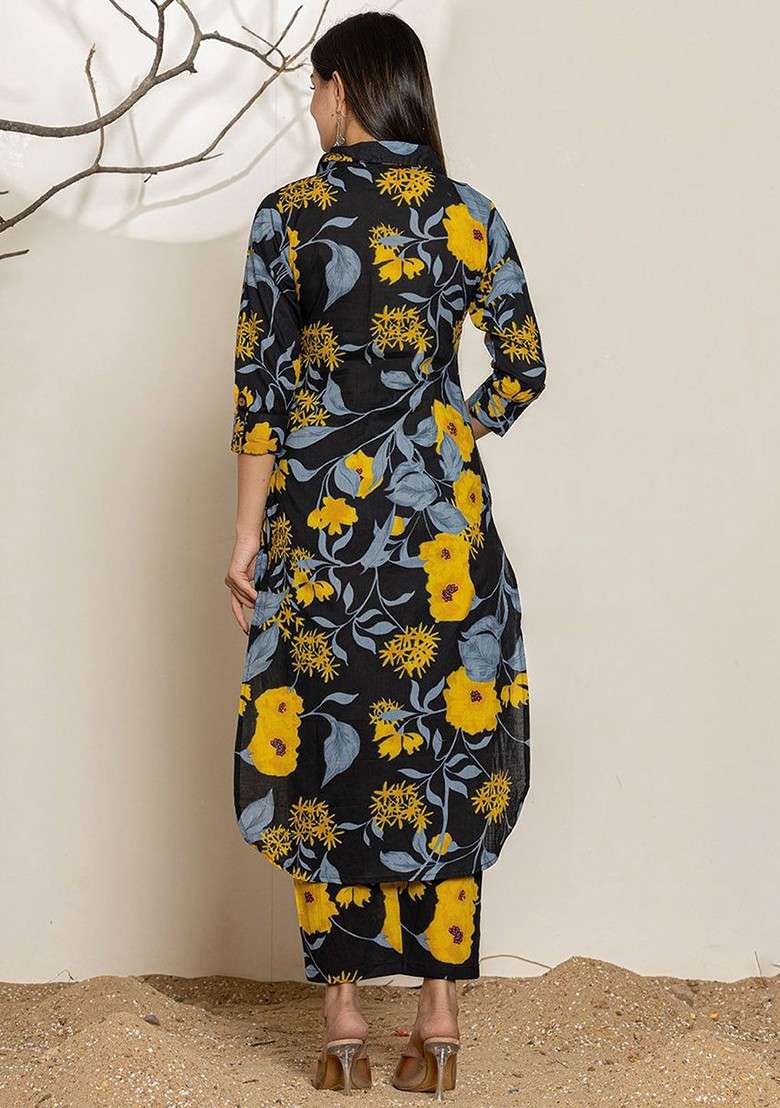 Black Printed Pure Cotton Shirt Collar Top With Trousers Coords - Indya