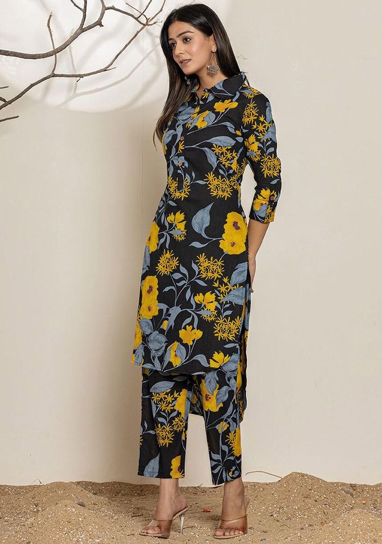 Black Printed Pure Cotton Shirt Collar Top With Trousers Coords