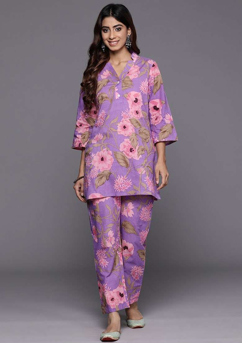 Lavender Floral Printed Vneck Pure Cotton Tunic With Trouser - Indya