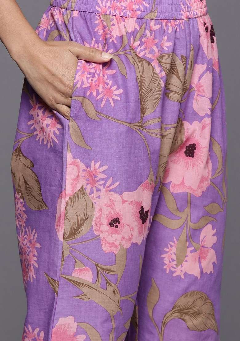 Lavender Floral Printed Vneck Pure Cotton Tunic With Trouser - Indya