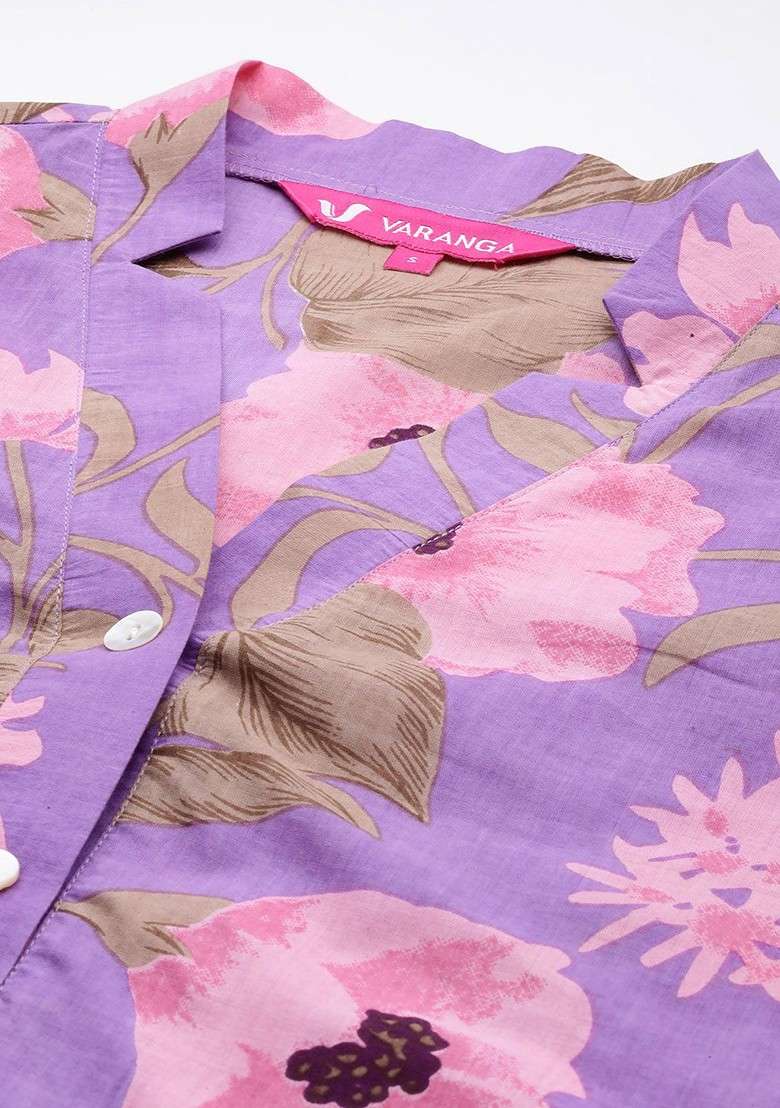 Lavender Floral Printed Vneck Pure Cotton Tunic With Trouser - Indya