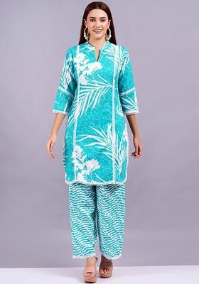 Blue Floral Printed Mandarin Collar Threequarter Sleeves Pure Cotton Top And Palazzo