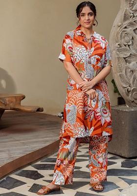 Orange Floral Printed Shirt Collar Short Sleeves Top With Trouser