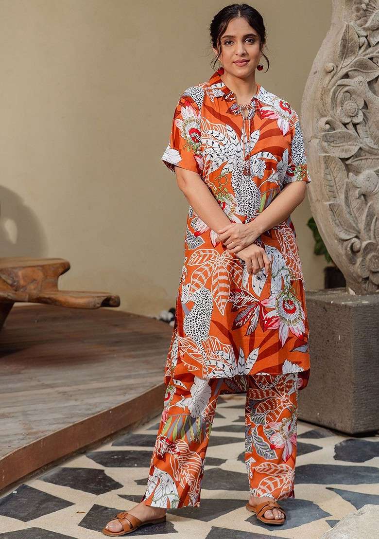 Orange Floral Printed Shirt Collar Short Sleeves Top With Trouser - Indya