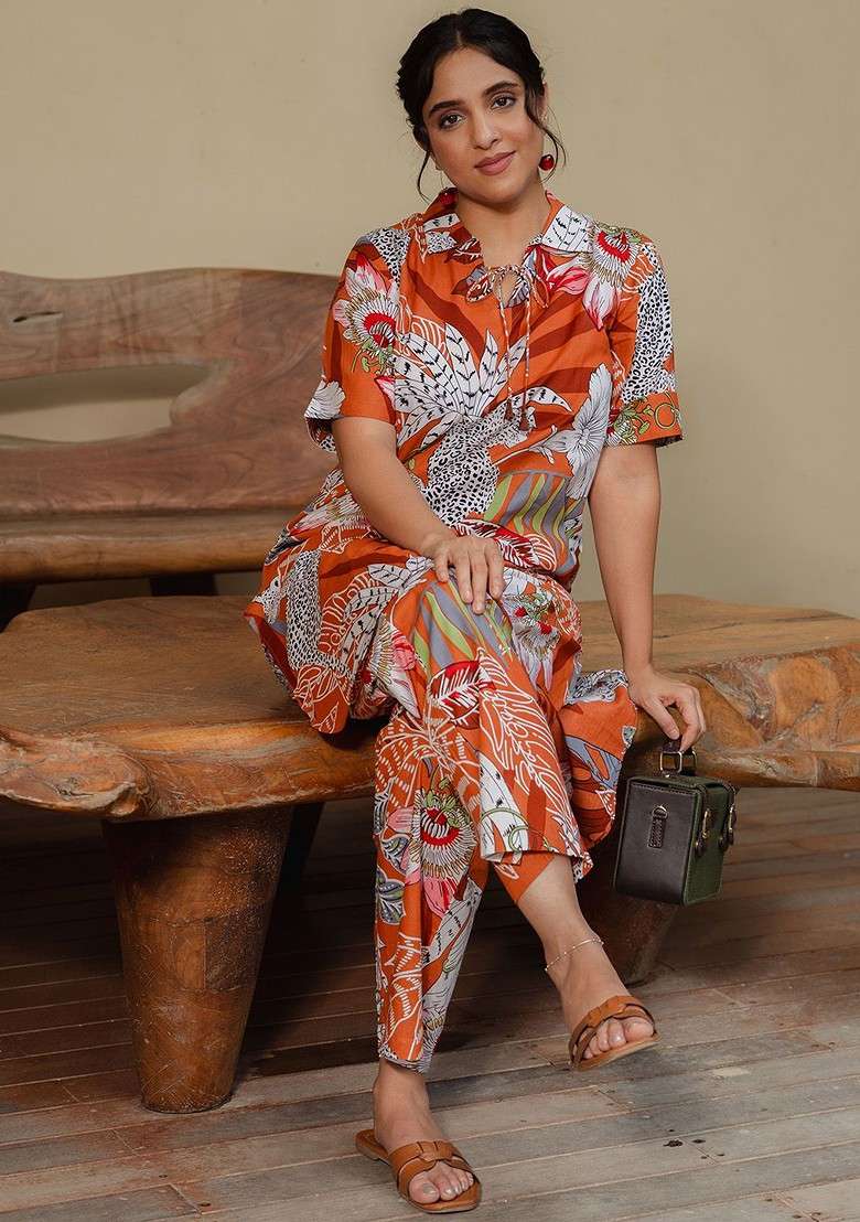 Orange Floral Printed Shirt Collar Short Sleeves Top With Trouser - Indya