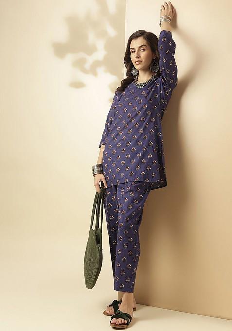 Blue Floral Printed Vneck Tunic With Trousers