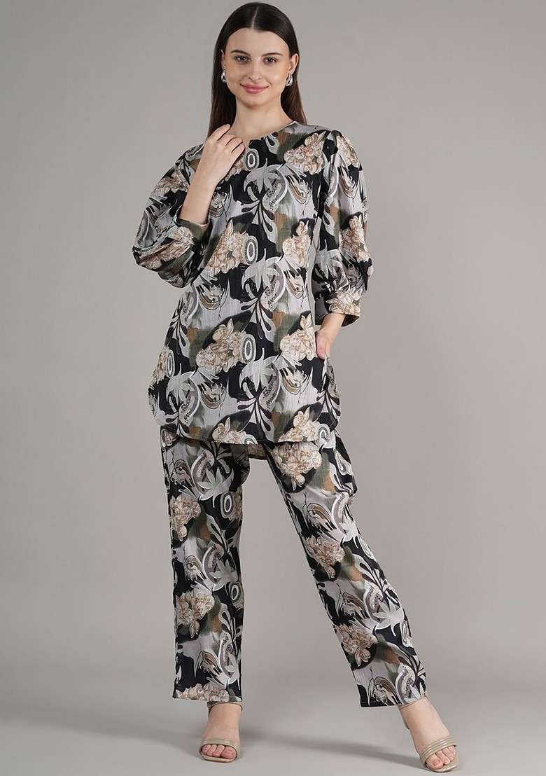 Black Floral Printed Regular Tunic With Trousers - Indya