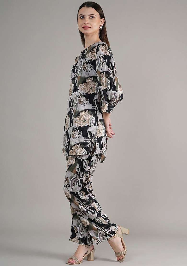 Black Floral Printed Regular Tunic With Trousers - Indya