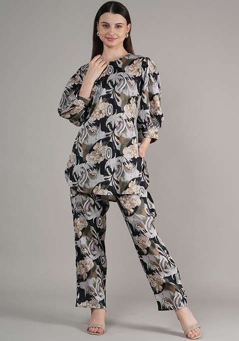 Black Floral Printed Regular Tunic With Trousers