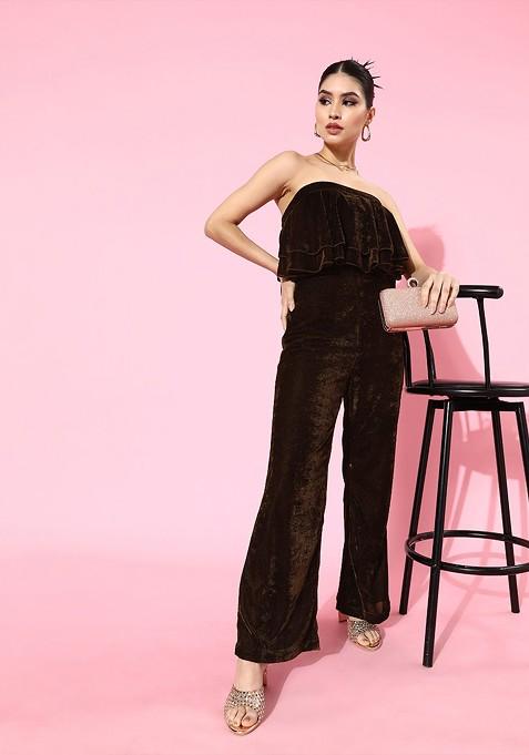 Brown Brown Strapless Twopiece With Ruffles