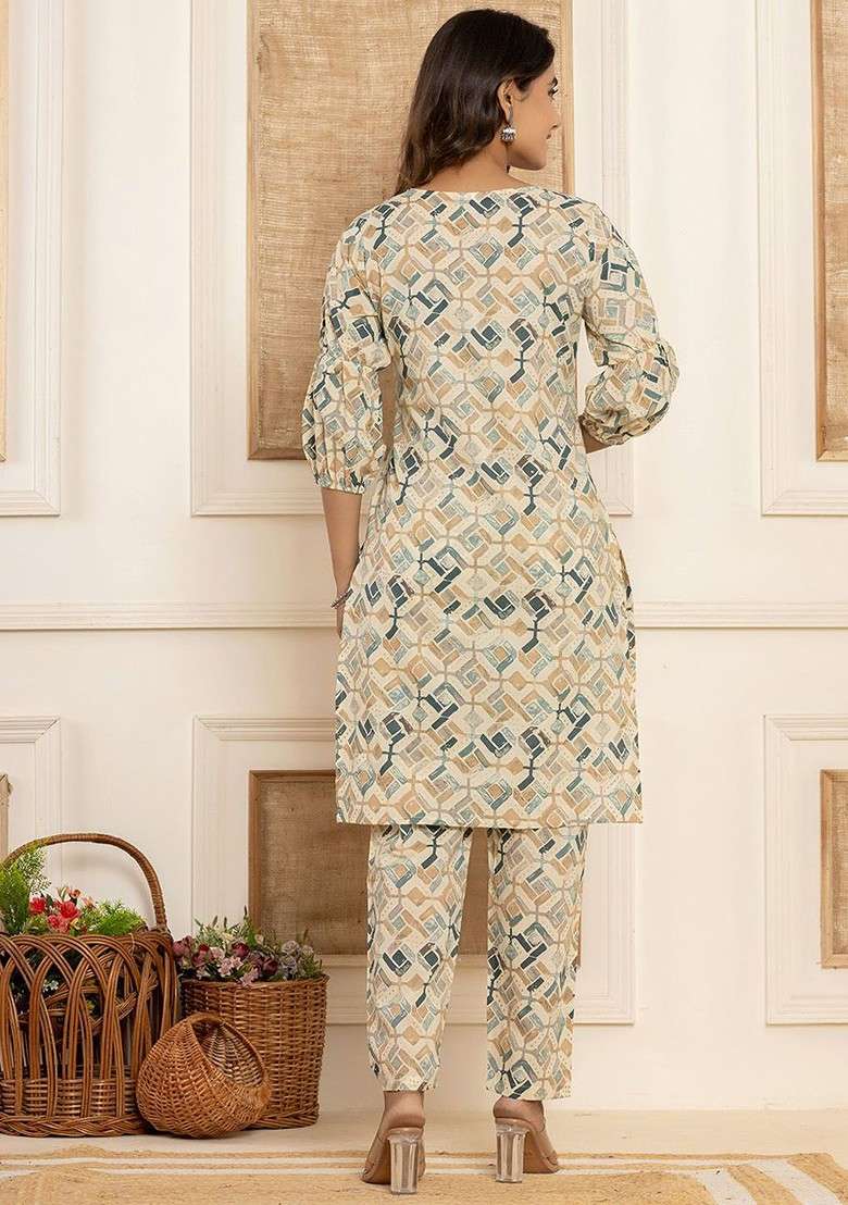 Grey Women Printed Pure Cotton Vneck Tunic With Trouser Coords - Indya
