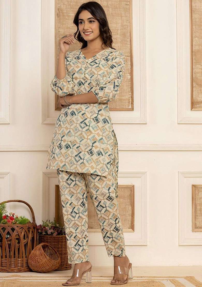 Grey Women Printed Pure Cotton Vneck Tunic With Trouser Coords - Indya