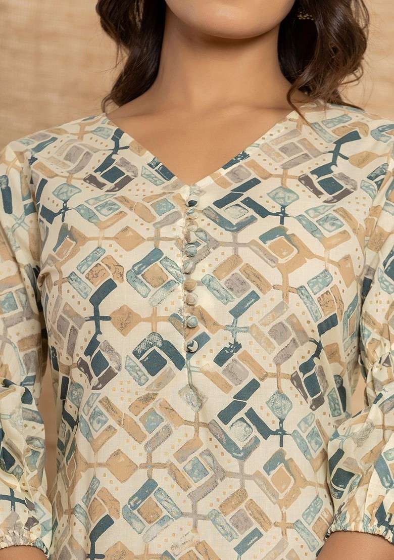 Grey Women Printed Pure Cotton Vneck Tunic With Trouser Coords - Indya