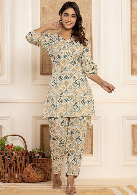 Grey Women Printed Pure Cotton Vneck Tunic With Trouser Coords