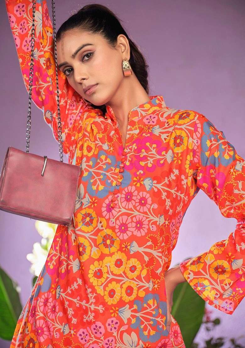 Red Floral Printed V Neck Tunic With Trousers - Indya