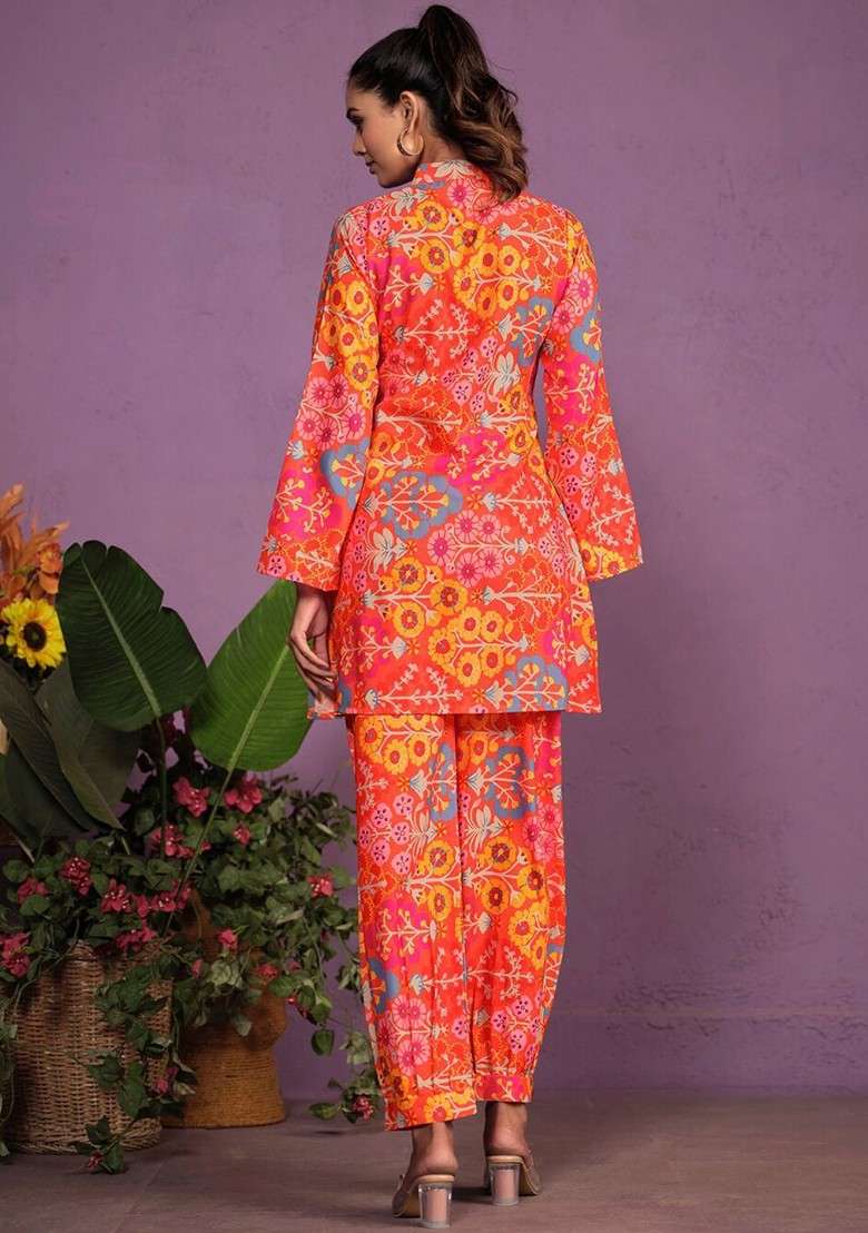 Red Floral Printed V Neck Tunic With Trousers - Indya