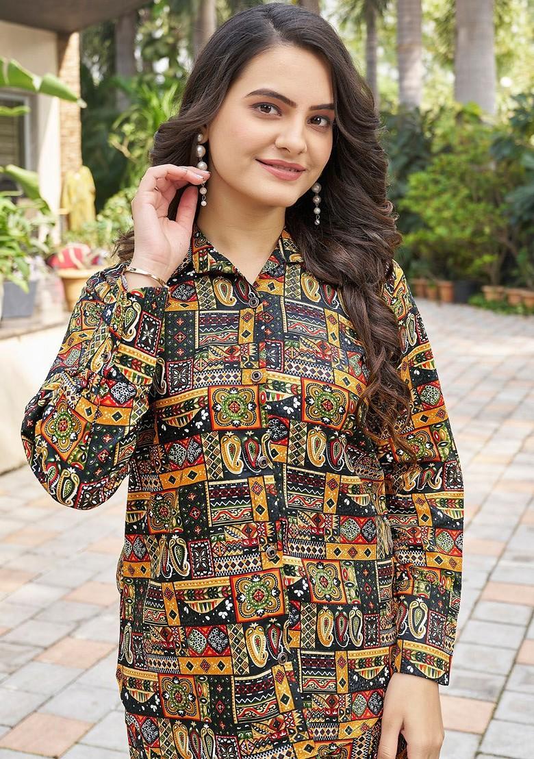 Black Printed Shirt Collar Neck Shirt Ith Trousers Coords